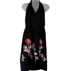 Suzi Chin Black Halter Mini Dress with Floral Embroidery
